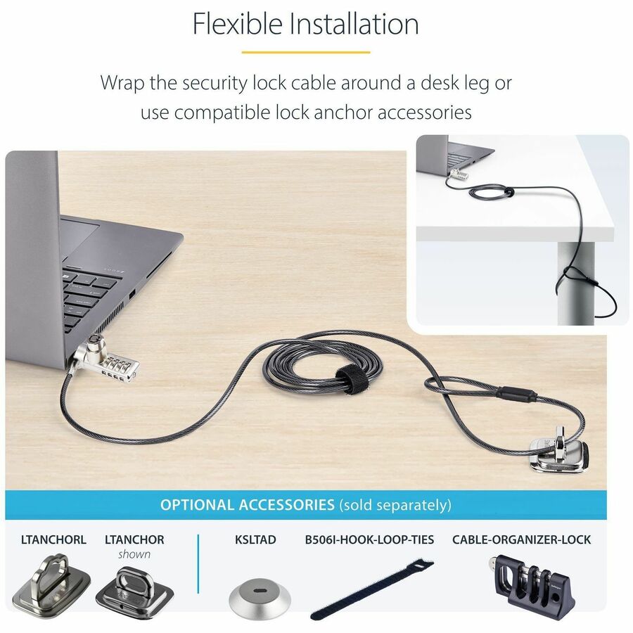 StarTech.com 10-Pack Dual-Access Laptop Lock, 6.5ft (2m) Keyed Alike and Combination Security Cable Lock for K-Slot Devices, Anti-Theft — DUALKA10-LAPTOP-LOCK