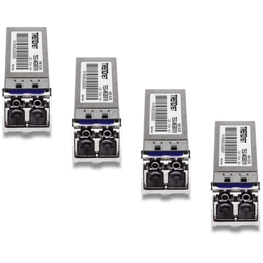 TRENDnet SFP Single-Mode LC Module 4-Pack; TEG-MGBS10/4; For Single Mode Fiber; Distances up to 10km(6.2 Miles); Gigabit SFP; Supports Up to 1.25Gbps; IEEE 802.3z Gigabit Ethernet; Lifetime Protection