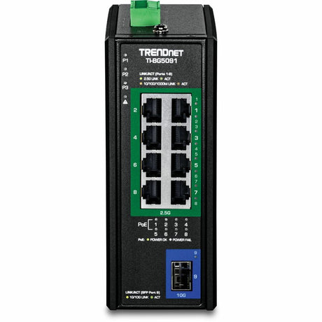 TRENDnet 9-Port Industrial 2.5G DIN-Rail PoE++ Switch with 10G SFP+ Port, TI-BG5091, Multi-Gigabit, 8 x 2.G PoE++ Ports, 1 x 10G SFP+ Port, 480W PoE Power Budget, 60Gbps, Lifetime Protection, Black
