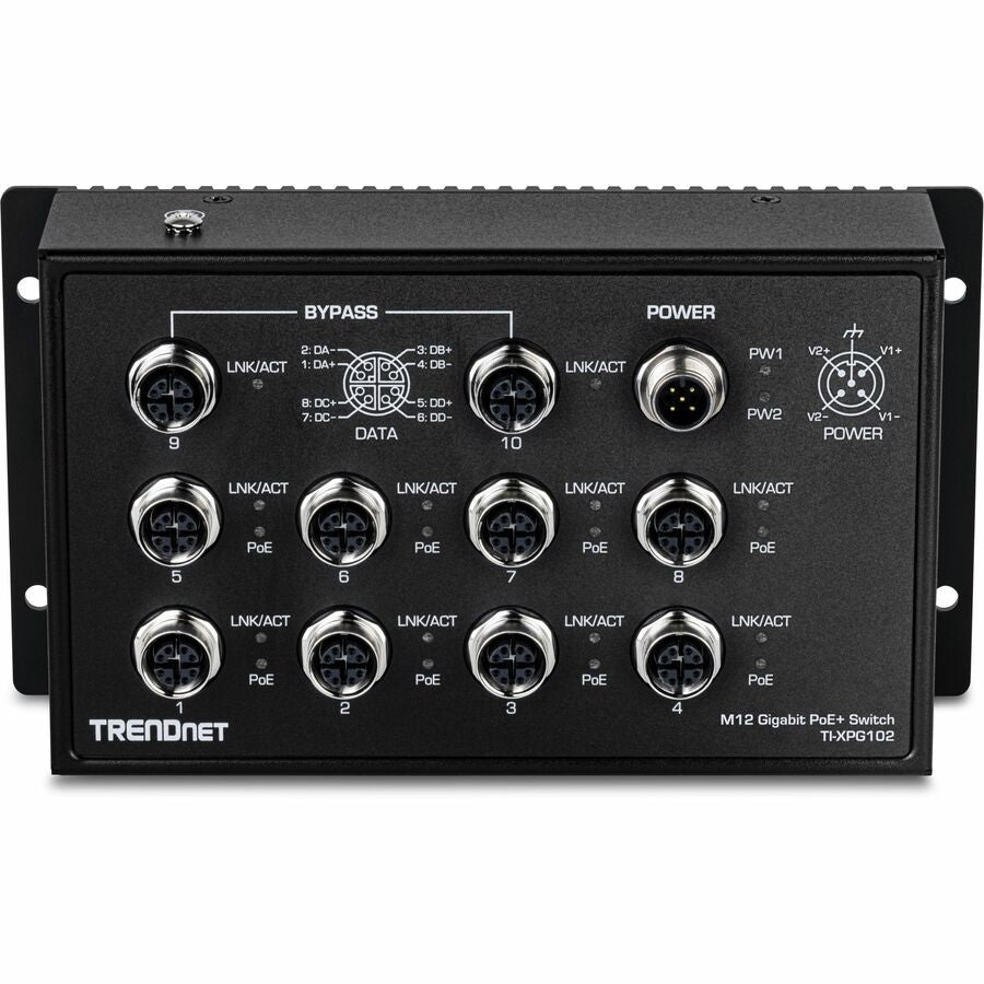 TRENDnet 10-Port Industrial EN 50155 M12 Gigabit PoE+ Railway Switch, TI-XPG102, IP40 Rated for Harsh Environments, NDAA + TAA Compliant, Black