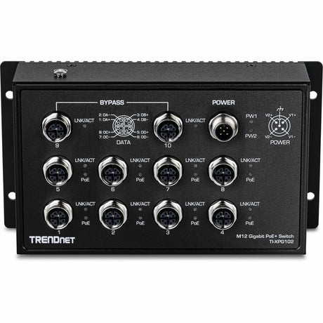 TRENDnet 10-Port Industrial EN 50155 M12 Gigabit PoE+ Railway Switch, TI-XPG102, IP40 Rated for Harsh Environments, NDAA + TAA Compliant, Black