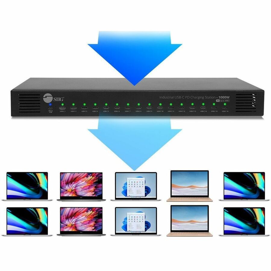 SIIG 16-Port Industrial USB-C PD Charging Station - 1000W - up to 10 USB-C 100W - up to 16 USB-C 60W — ID-US0C11-S1