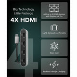 Plugable USB C to Quad HDMI 4K Adapter with 100W PD Pass-Though Power Delivery for Windows, Mac M1/M2/M3/M4, Thunderbolt, and USB-C Laptops — USBC-7400H4
