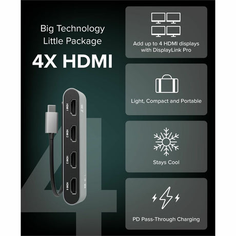 Plugable USB C to Quad HDMI 4K Adapter with 100W PD Pass-Though Power Delivery for Windows, Mac M1/M2/M3/M4, Thunderbolt, and USB-C Laptops — USBC-7400H4