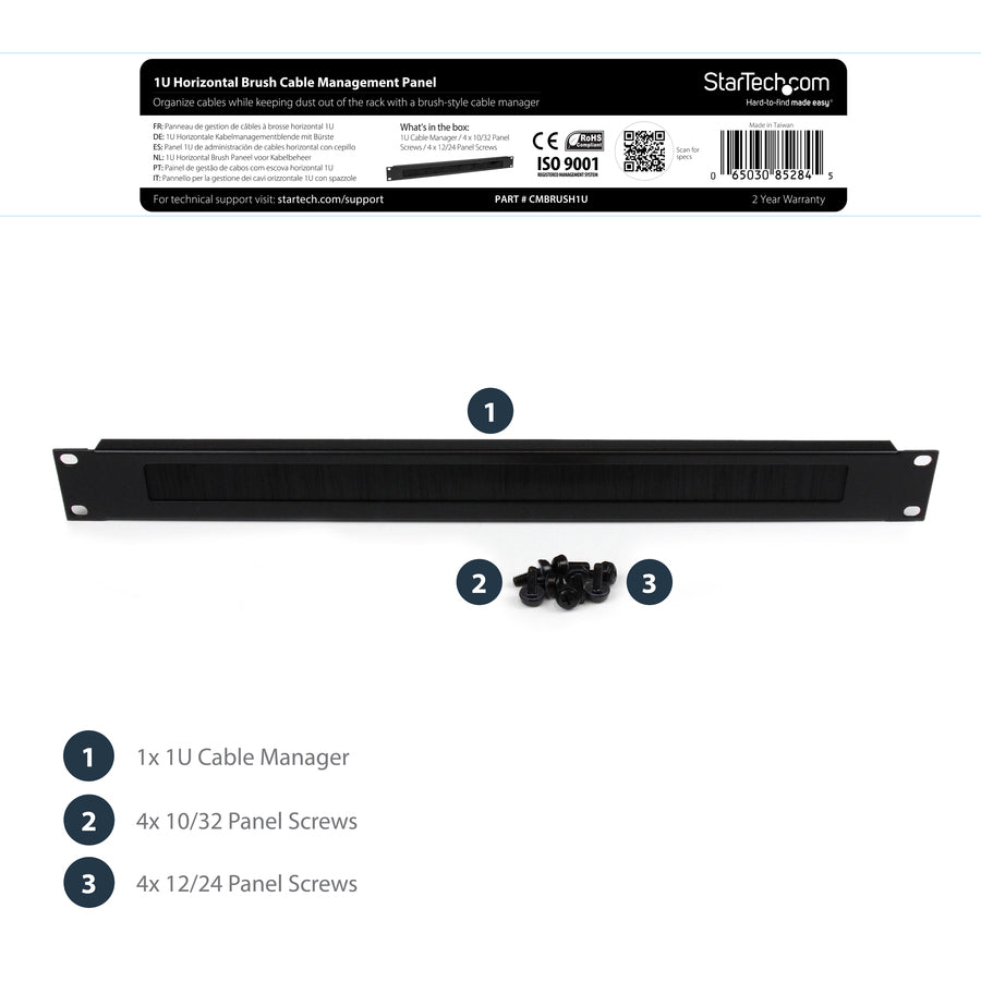 StarTech.com 1U High-density Brush Strip Cable Management Panel, Sturdy Steel Horizontal Data Centre Cable Organizer — CMBRUSH1U