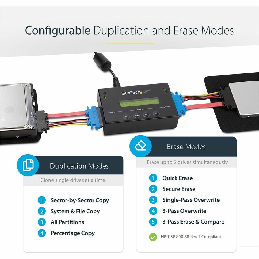 StarTech.com 1:1 Standalone Hard Drive Duplicator & Eraser, SATA HDD / SSD Disk Cloner / Copier / Wiper / Sanitizer, TAA Compliant — SATDUP11