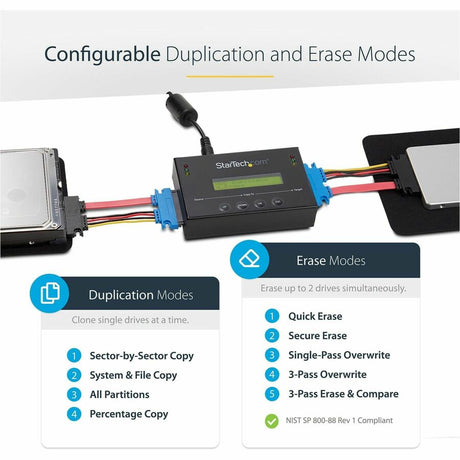 StarTech.com 1:1 Standalone Hard Drive Duplicator & Eraser, SATA HDD / SSD Disk Cloner / Copier / Wiper / Sanitizer, TAA Compliant — SATDUP11