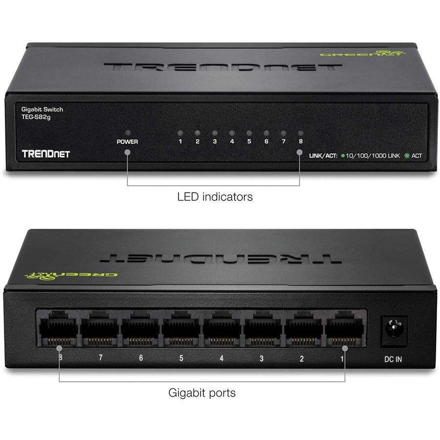 TRENDnet 8-Port Gigabit GREENnet Switch, Ethernet Network Switch, TEG-S82G, 8 x 10-100-1000 Mbps Gigabit Ethernet Ports, Ethernet Splitter, 16 Gbps, Metal, Lifetime Protection, Black — TEG-S82g