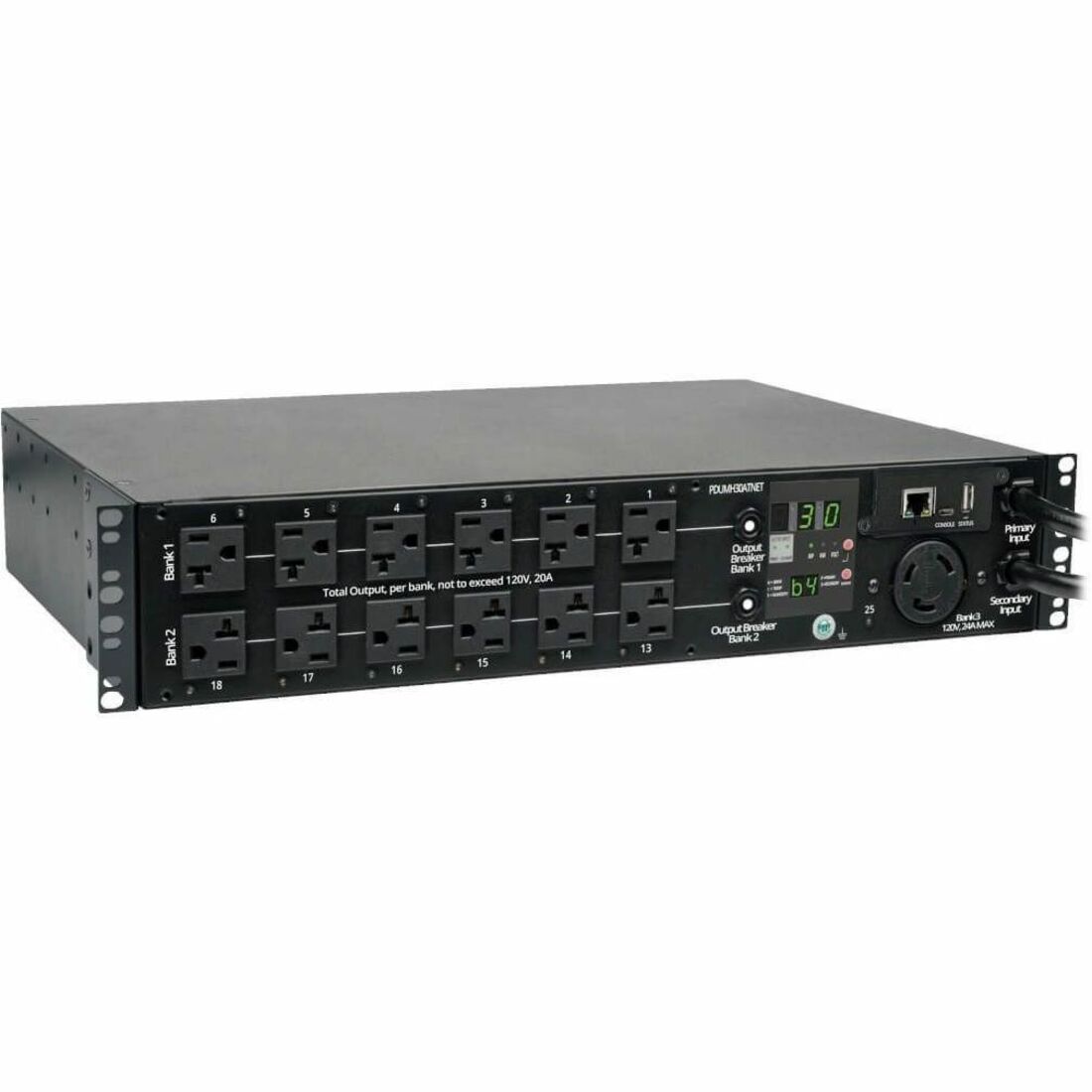 Eaton Tripp Lite Series 2.9kW Single-Phase Switched Automatic Transfer Switch PDU, 2 120V L5-30P Inputs, 24 5-15/20R & 1 L5-30R Outputs, 2U, TAA — PDUMH30ATNET