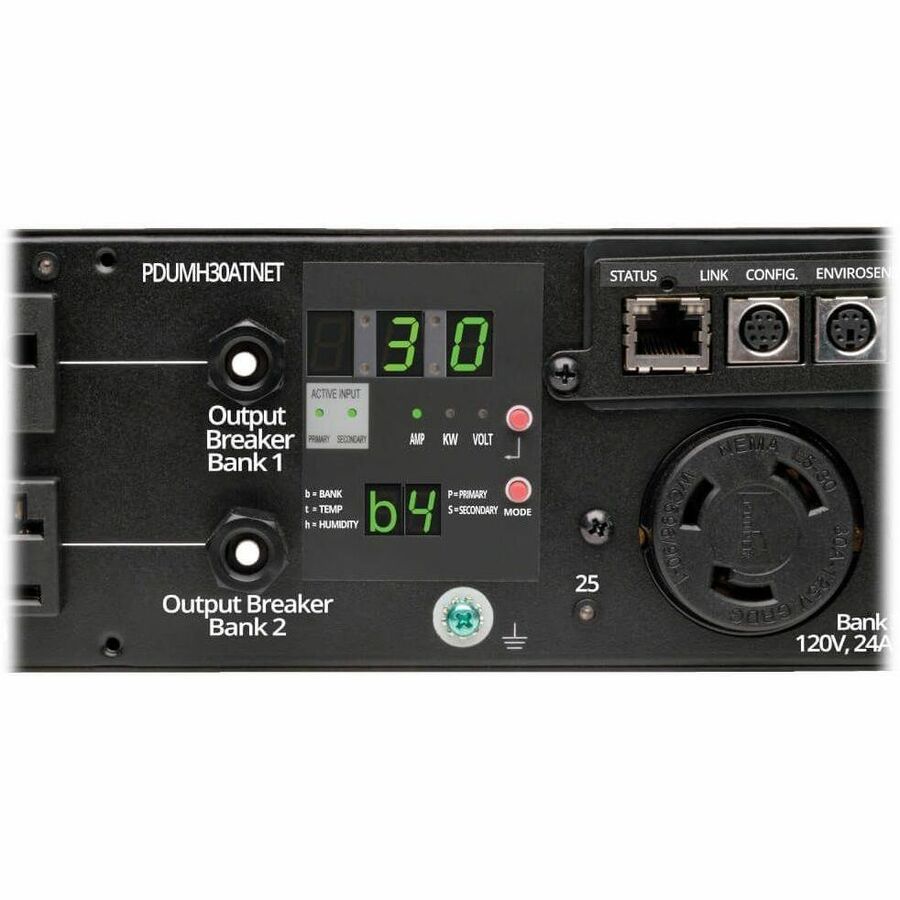 Eaton Tripp Lite Series 2.9kW Single-Phase Switched Automatic Transfer Switch PDU, 2 120V L5-30P Inputs, 24 5-15/20R & 1 L5-30R Outputs, 2U, TAA — PDUMH30ATNET