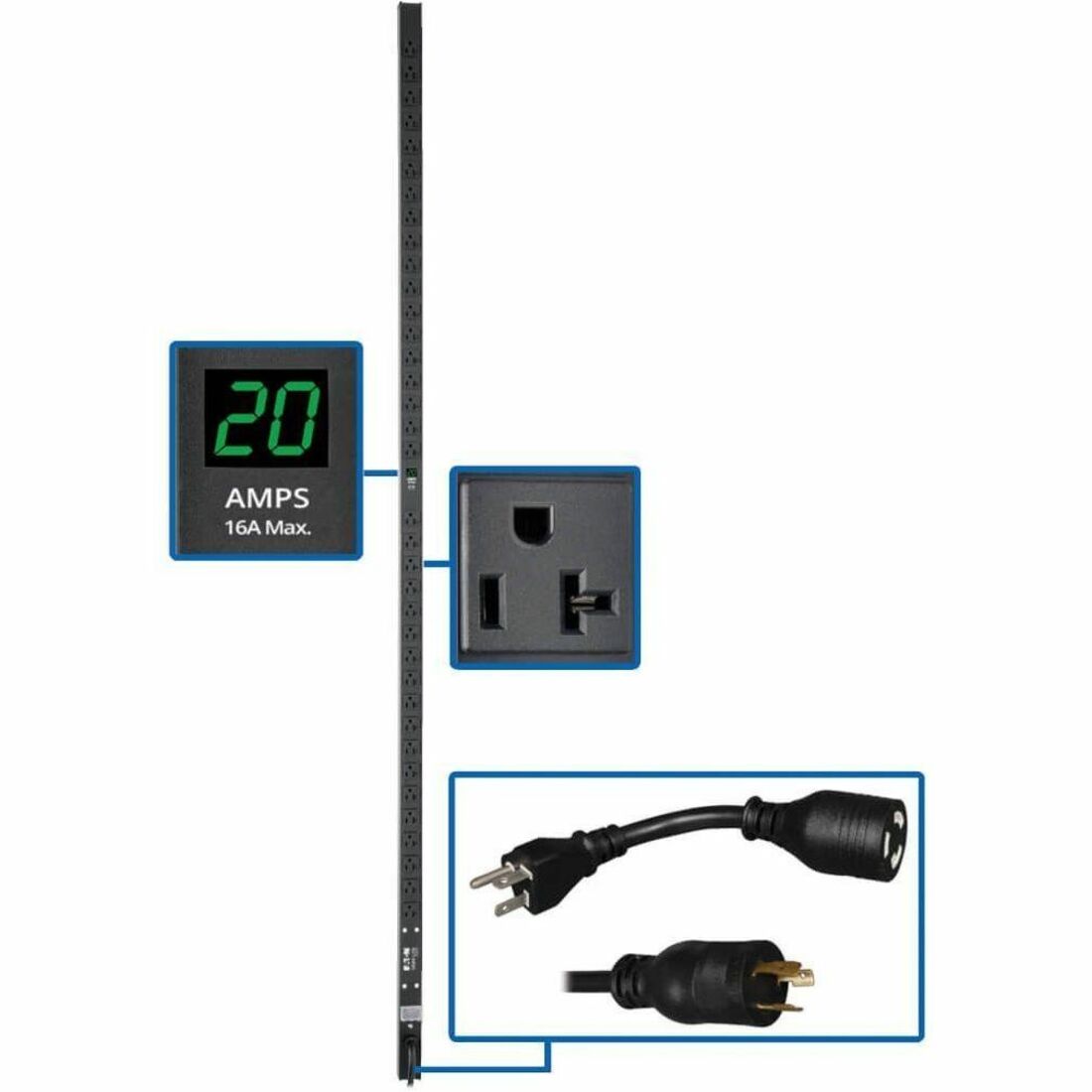 Eaton Tripp Lite Series 2kW Single-Phase Local Metered PDU, 100-127V Outlets (36 5-15/20R), L5-20P/5-20P adapter, 0U Vertical, 72-in. — PDUMV20-72