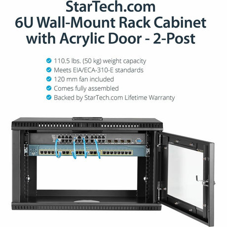 StarTech.com 2-Post 6U Wall Mount Network Cabinet w/ Acrylic Door, 19" Small Wall-Mounted Server Rack for Data / Computer Equipment — RK619WALL
