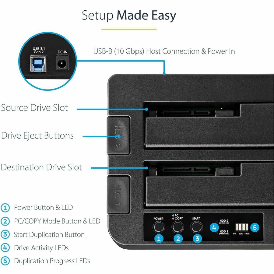 StarTech.com Standalone Hard Drive Duplicator, External Dual Bay HDD/SSD Cloner/Copier, USB 3.1 to SATA Drive Docking Station, Disk Cloner — SDOCK2U313R