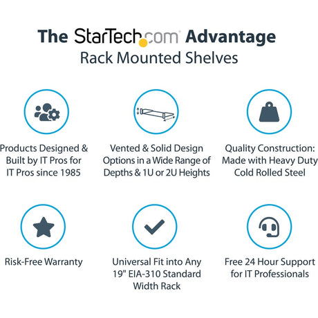 StarTech.com 1U Vented Server Rack Cabinet Shelf - Fixed 16" Deep Cantilever Rackmount Tray for 19" Data/AV/Network Enclosure w/Cage Nuts — CABSHELF116V