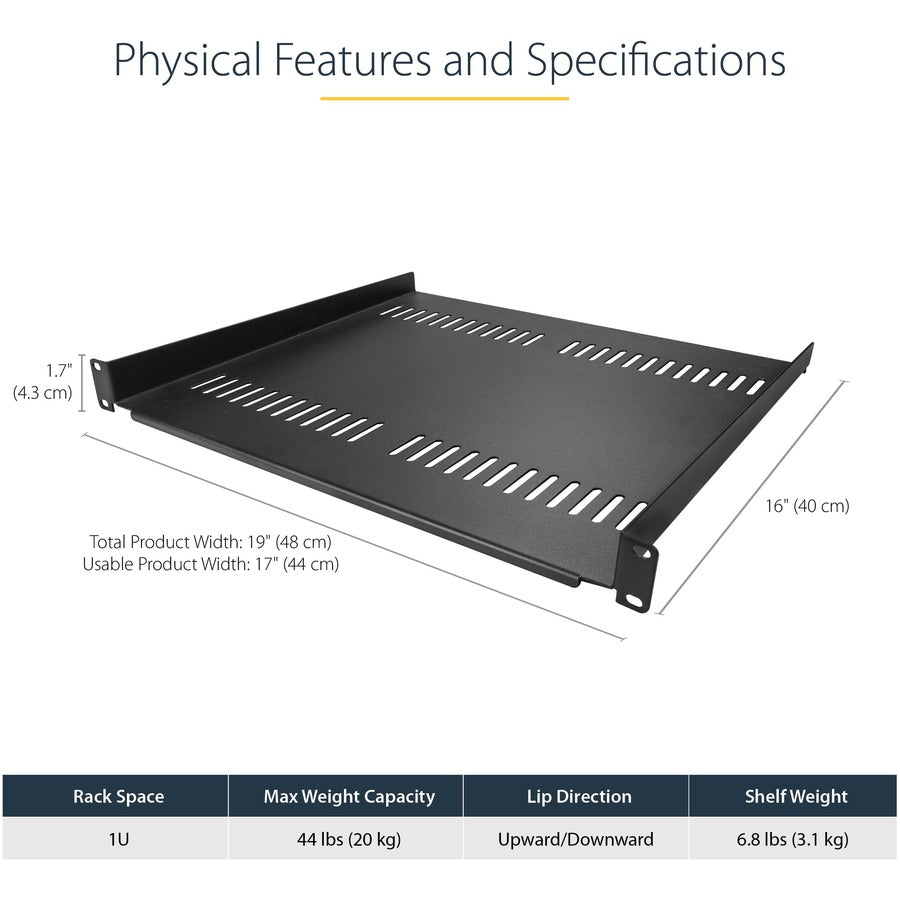 StarTech.com 1U Vented Server Rack Cabinet Shelf - Fixed 16" Deep Cantilever Rackmount Tray for 19" Data/AV/Network Enclosure w/Cage Nuts — CABSHELF116V