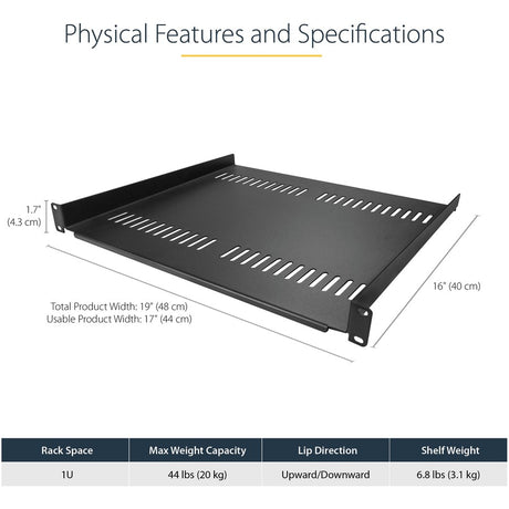 StarTech.com 1U Vented Server Rack Cabinet Shelf - Fixed 16" Deep Cantilever Rackmount Tray for 19" Data/AV/Network Enclosure w/Cage Nuts — CABSHELF116V