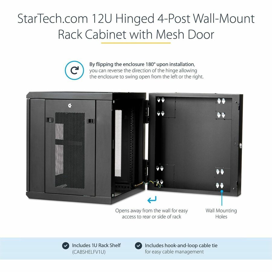 StarTech.com 4-Post 12U Wall Mount Network Cabinet, 19" Hinged Wall-Mounted Server Rack for IT Equipment, Flexible Lockable Rack Enclosure — RK1224WALHM