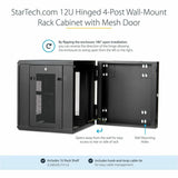StarTech.com 4-Post 12U Wall Mount Network Cabinet, 19" Hinged Wall-Mounted Server Rack for IT Equipment, Flexible Lockable Rack Enclosure — RK1224WALHM