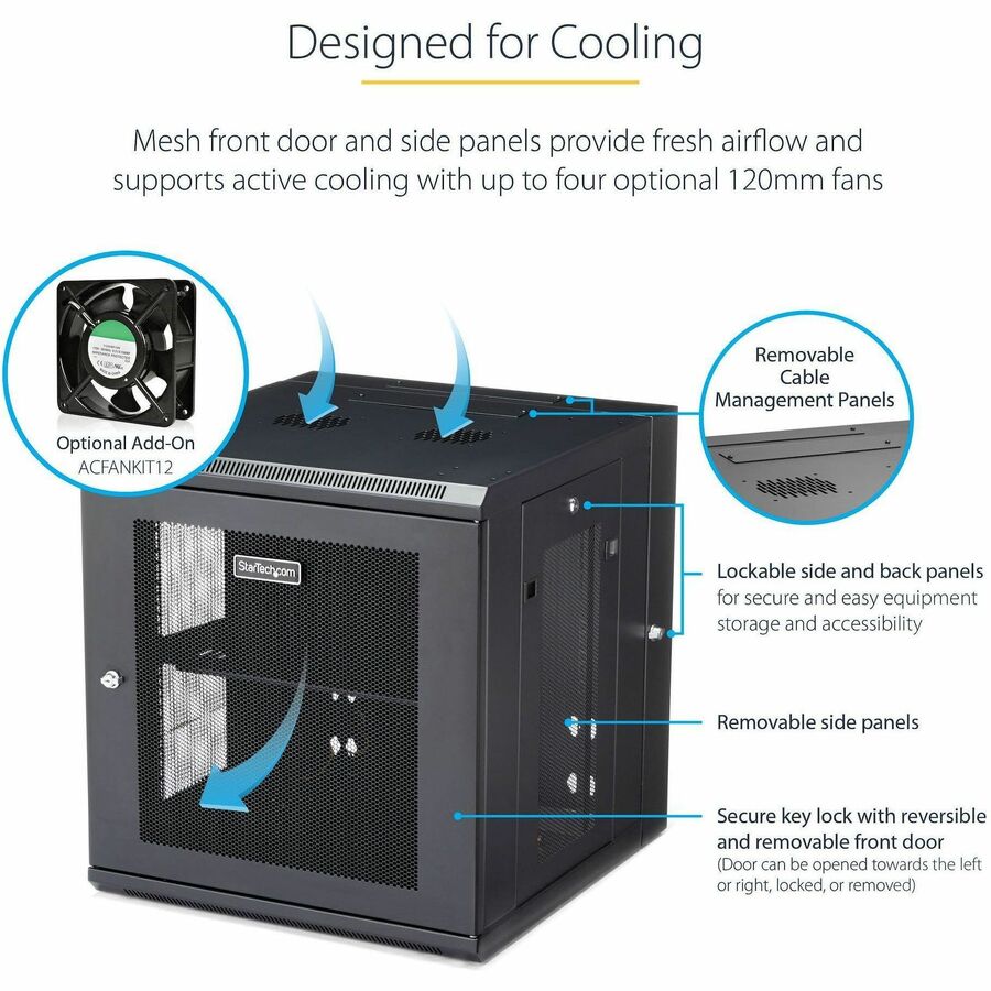 StarTech.com 4-Post 12U Wall Mount Network Cabinet, 19" Hinged Wall-Mounted Server Rack for IT Equipment, Flexible Lockable Rack Enclosure — RK1224WALHM