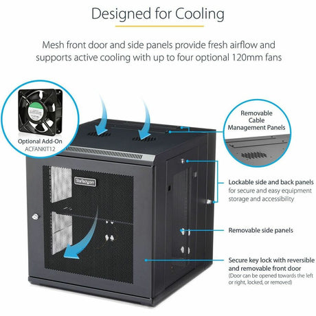 StarTech.com 4-Post 12U Wall Mount Network Cabinet, 19" Hinged Wall-Mounted Server Rack for IT Equipment, Flexible Lockable Rack Enclosure — RK1224WALHM