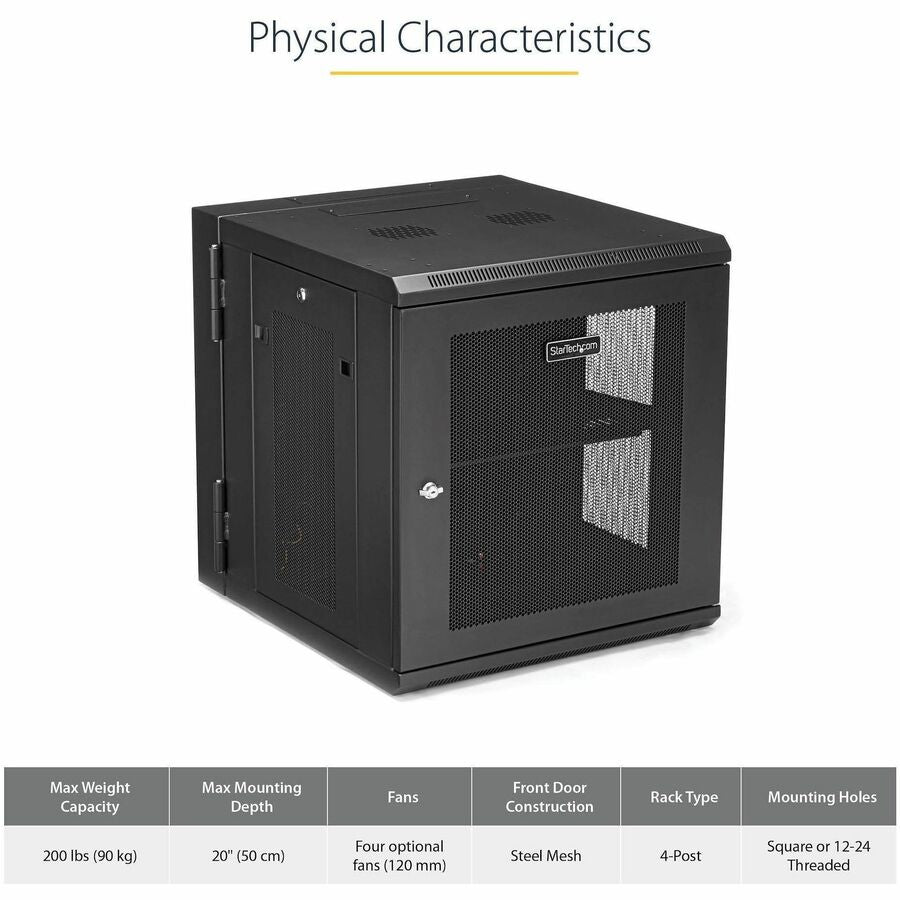 StarTech.com 4-Post 12U Wall Mount Network Cabinet, 19" Hinged Wall-Mounted Server Rack for IT Equipment, Flexible Lockable Rack Enclosure — RK1224WALHM