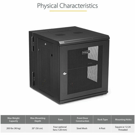 StarTech.com 4-Post 12U Wall Mount Network Cabinet, 19" Hinged Wall-Mounted Server Rack for IT Equipment, Flexible Lockable Rack Enclosure — RK1224WALHM