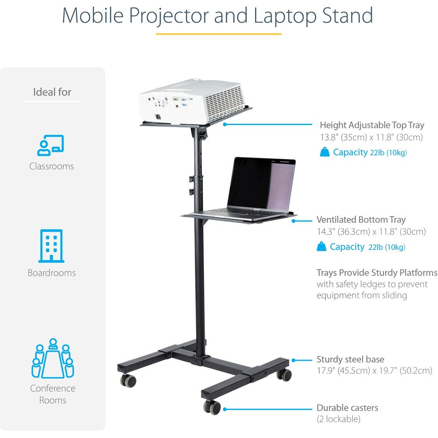 StarTech.com Mobile Projector and Laptop Stand/Cart, Heavy Duty Portable Projector Stand/Presentation Cart (22lb/shelf), Height Adjustable — ADJPROJCART