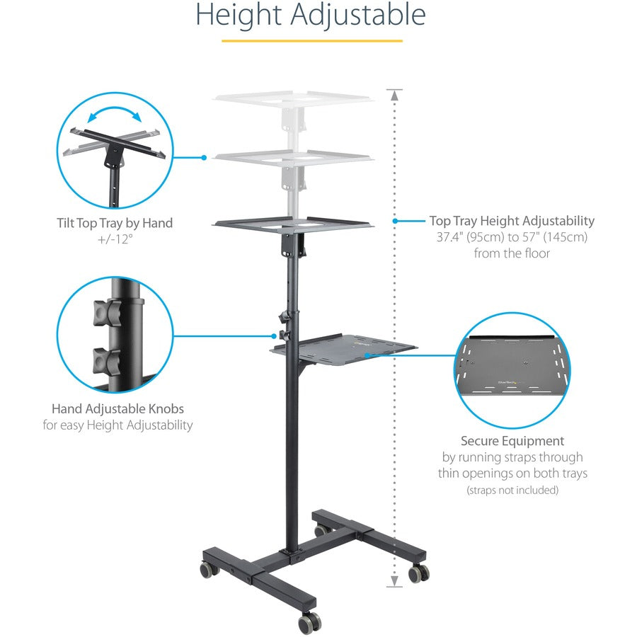StarTech.com Mobile Projector and Laptop Stand/Cart, Heavy Duty Portable Projector Stand/Presentation Cart (22lb/shelf), Height Adjustable — ADJPROJCART
