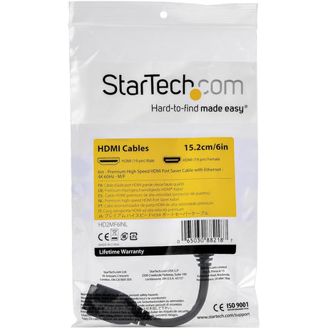 StarTech.com 6"/15cm HDMI Port Saver Cable, 4K 60Hz High Speed HDMI 2.0 Extension Cable with Ethernet, HDMI Male to Female Extension Cord — HD2MF6INL