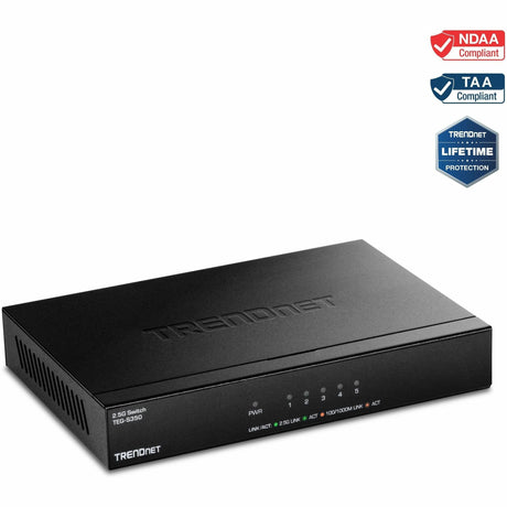 TRENDnet 5-Port 2.5Gb Multi-Gigabit Unmanaged Gaming Switch, TEG-S350, 5 x 2.5GBASE-T Ports, 25Gbps Switching Capacity, Ethernet Splitter, NDAA & TAA Compliant, Fanless, Lifetime Protection, Black — TEG-S350