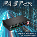 TRENDnet 5-Port Gigabit PoE+ Switch, Camera DIP Switch extends PoE+ 200m (656 ft.), 60W PoE Budget, Black, TPE-TG51g — TPE-TG51G