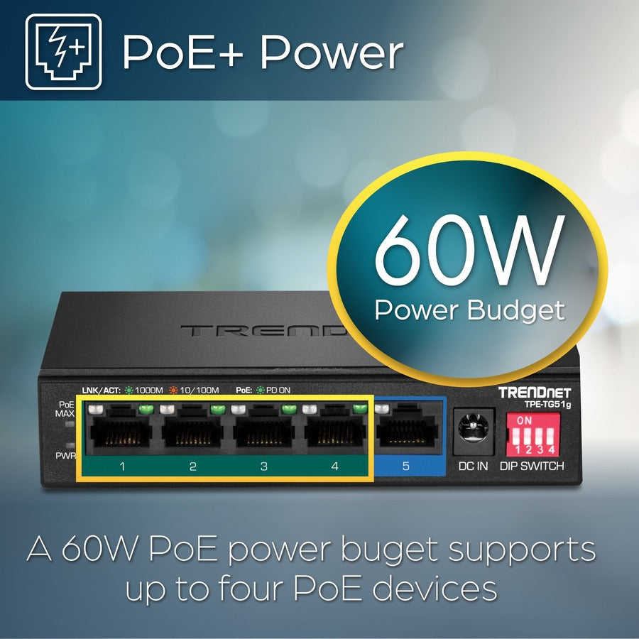 TRENDnet 5-Port Gigabit PoE+ Switch, Camera DIP Switch extends PoE+ 200m (656 ft.), 60W PoE Budget, Black, TPE-TG51g — TPE-TG51G