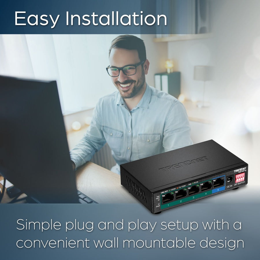 TRENDnet 5-Port Gigabit PoE+ Switch, Camera DIP Switch extends PoE+ 200m (656 ft.), 60W PoE Budget, Black, TPE-TG51g — TPE-TG51G