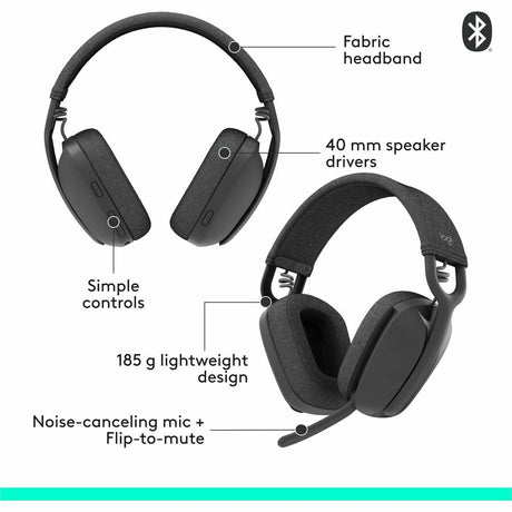Logitech Zone Vibe 100 Wireless Over Ear Headphones, Noise Canceling Microphone, Advanced Multipoint Bluetooth Headset, Graphite — 981-001256