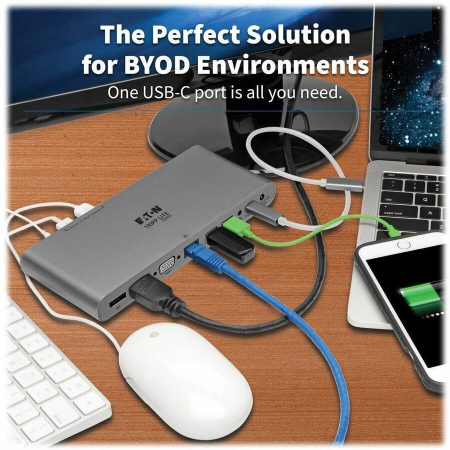 Eaton Tripp Lite Series USB-C Dock, Triple Display - 4K HDMI/DisplayPort, VGA, USB 3.x (5Gbps), USB-A/C Hub Ports, GbE, 100W PD Charging, EU/UK Power Supply — U442-DOCK4-INT