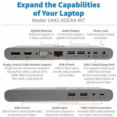 Eaton Tripp Lite Series USB-C Dock, Triple Display - 4K HDMI/DisplayPort, VGA, USB 3.x (5Gbps), USB-A/C Hub Ports, GbE, 100W PD Charging, EU/UK Power Supply — U442-DOCK4-INT