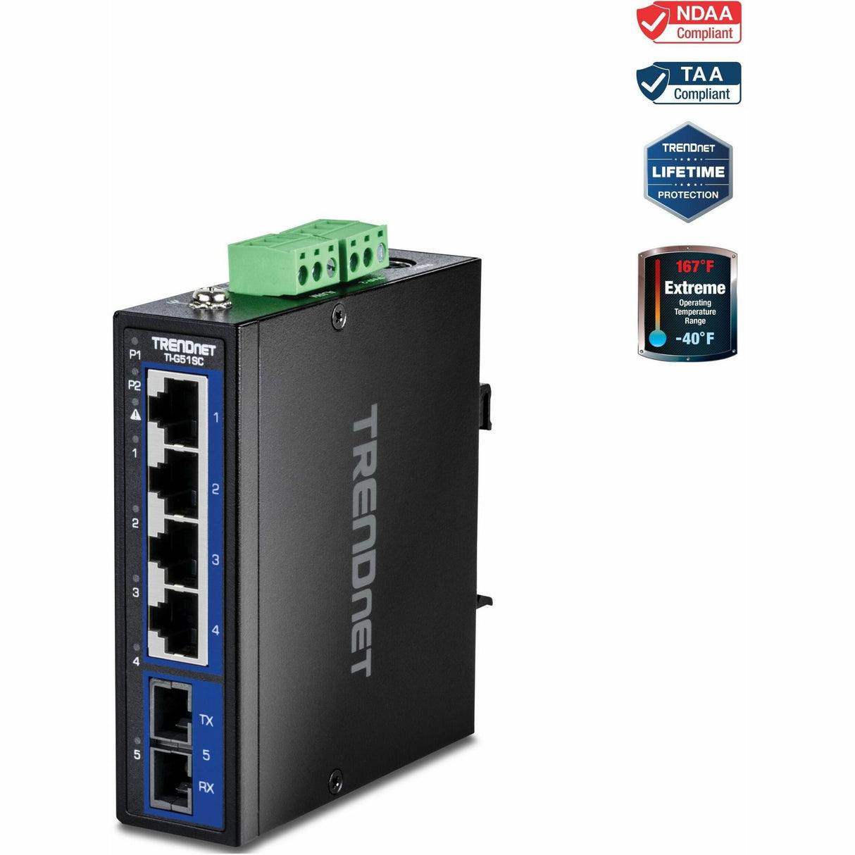 TRENDnet 5-Port Hardened Industrial Gigabit DIN-Rail Switch, TI-G51SC, 1 x Multi-Mode SC Port, 4 x Gigabit Ports, 10Gbps, IP30 Rated, Lifetime Protection, Black — TI-G51SC