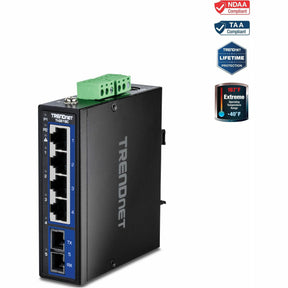 TRENDnet 5-Port Hardened Industrial Gigabit DIN-Rail Switch, TI-G51SC, 1 x Multi-Mode SC Port, 4 x Gigabit Ports, 10Gbps, IP30 Rated, Lifetime Protection, Black — TI-G51SC