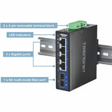 TRENDnet 5-Port Hardened Industrial Gigabit DIN-Rail Switch, TI-G51SC, 1 x Multi-Mode SC Port, 4 x Gigabit Ports, 10Gbps, IP30 Rated, Lifetime Protection, Black — TI-G51SC