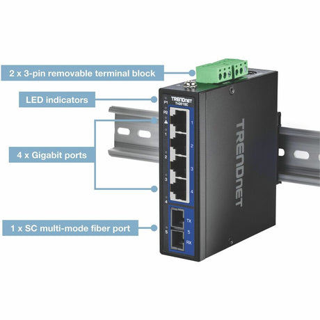 TRENDnet 5-Port Hardened Industrial Gigabit DIN-Rail Switch, TI-G51SC, 1 x Multi-Mode SC Port, 4 x Gigabit Ports, 10Gbps, IP30 Rated, Lifetime Protection, Black — TI-G51SC