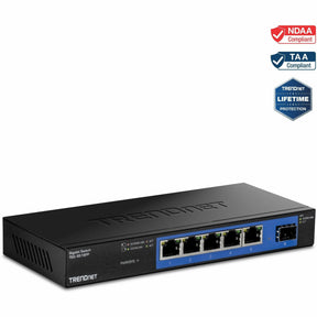 TRENDnet TEG-S51SFP, 5-Port Gigabit Compact Metal Desktop Switch with Gigabit SFP Slot, Fanless Design, Wall Mountable — TEG-S51SFP