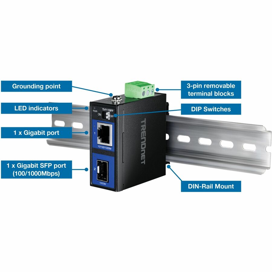 TRENDnet Industrial 100/1000Base-T to SFP Media Converter, TI F11SFP, IP50 Rated, NDAA TAA Compliant, 1 x Gigabit Ethernet Port, 1 x SFP Port, DIP Switches Control Link Fault Pass Through — TI-F11SFP