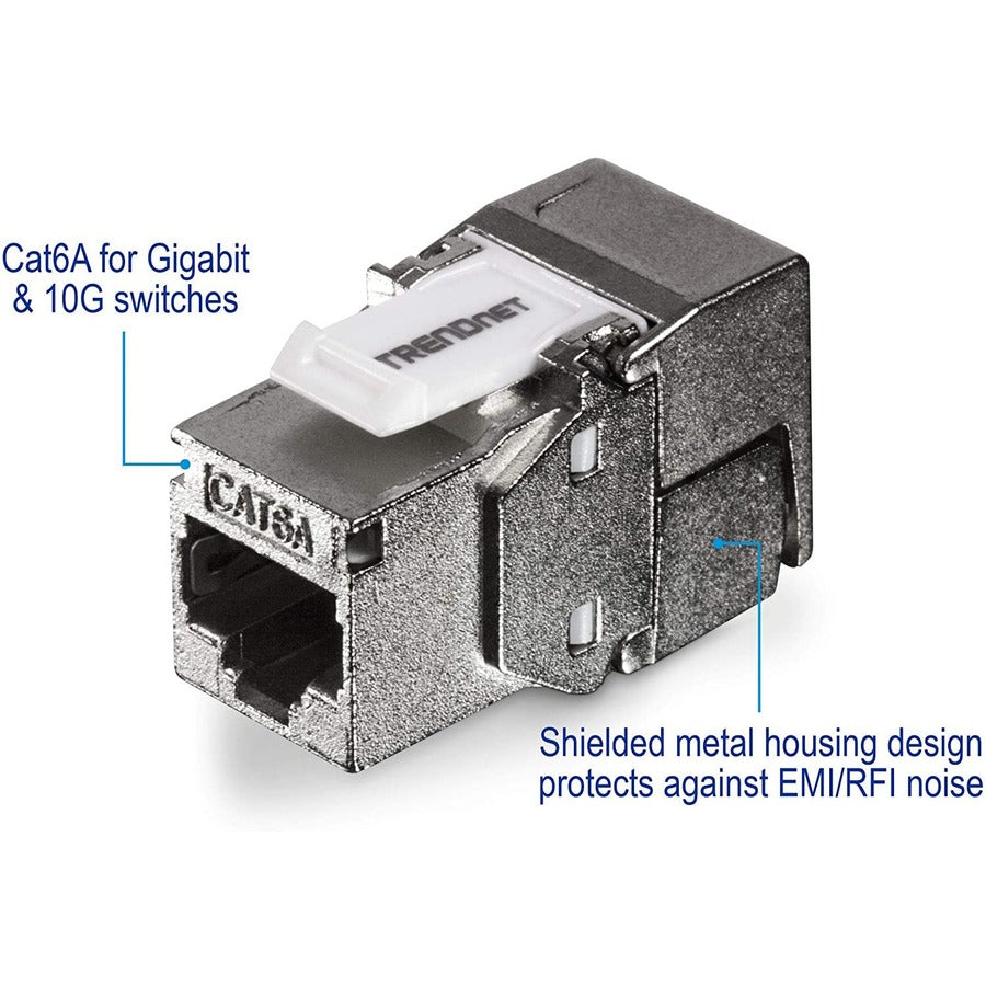 TRENDnet Shielded Cat6A Keystone Jack, 6-Pack Bundle, TC-K06C6A, 180&deg; Angle Termination, Compatible with Cat5/Cat5e/Cat6 Cabling, Use w/ TC-KP24S Shielded Blank Keystone Patch Panel (sold separately) — TC-K06C6A