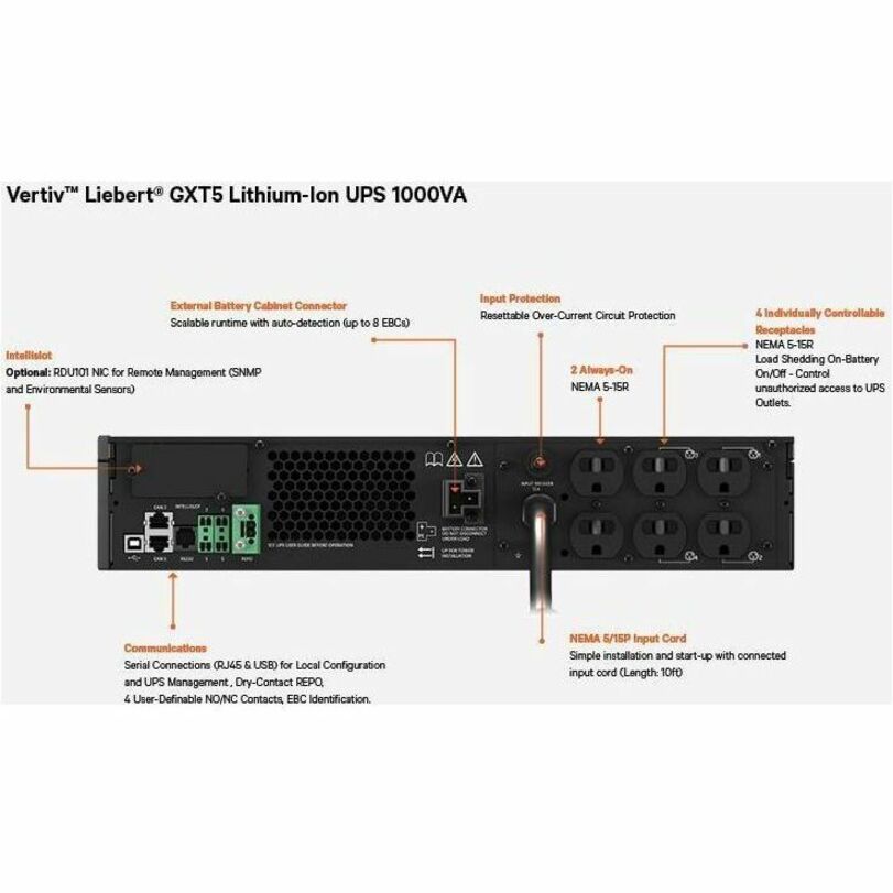 Vertiv Liebert GXT5 Lithium-Ion Online UPS 1000VA/1000W 120V Tower/Rack UPS — GXT5LI-1000LVRT2UXL