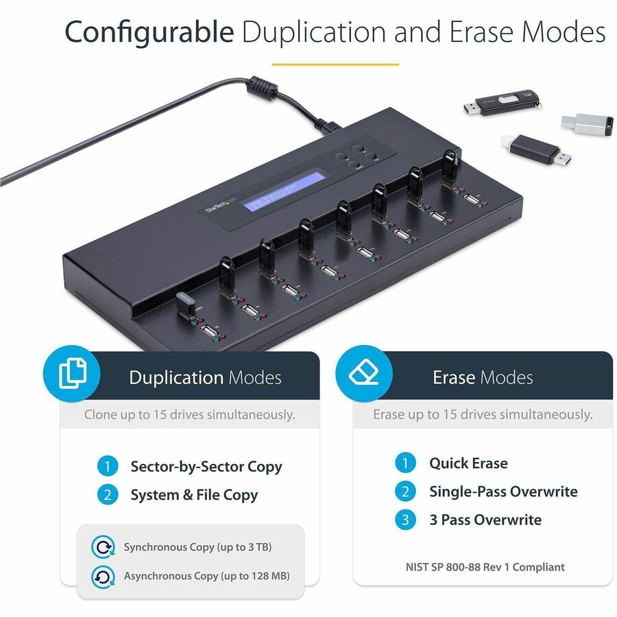 StarTech.com Standalone 1 to 15 USB Thumb Drive Duplicator/Eraser, USB Flash Drive Copier/Cloner, Sector-by-Sector Copy, Sanitizer, TAA — USBDUPE115