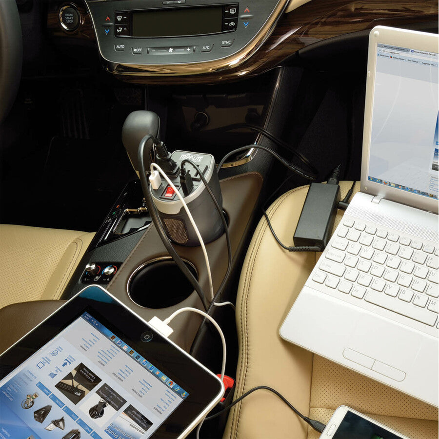 Eaton Tripp Lite Series 200W PowerVerter Ultra-Compact Car Inverter with 2 Outlets and 2 USB Charging Ports, Cup Holder Design — PV200CUSB