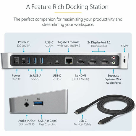 StarTech.com 4K USB-C Dock, Triple UHD 4K Monitor Docking Station, Mac & Windows, HDMI & DisplayPort, 100W PD, 5x USB 5Gbps Hub, TAA — DK30CH2DEP