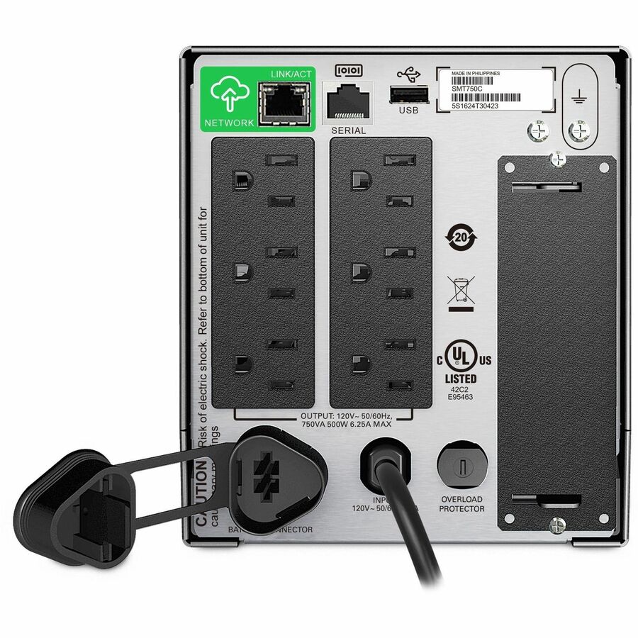 APC Smart-UPS, Line Interactive, 750VA, Tower, 120V, 6x NEMA 5-15R outlets, SmartConnect Port+SmartSlot, AVR, LCD — SMT750C