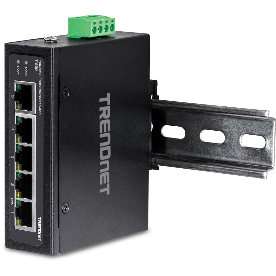 TRENDnet 5-Port Industrial Fast Ethernet DIN-Rail Switch, TI-E50, 5 x Fast Ethernet Ports, IP50 Rated, Extreme Temperature Operating Range, 1Gbps Switching Capacity, Lifetime Protection — TI-E50