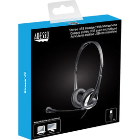 Adesso USB Stereo Headset with Adjustable Microphone- Noise Cancelling- Mono - USB - Wired - Over-the-head - 6 ft Cable -, Omni-directional Microphone - Black — XtreamP2